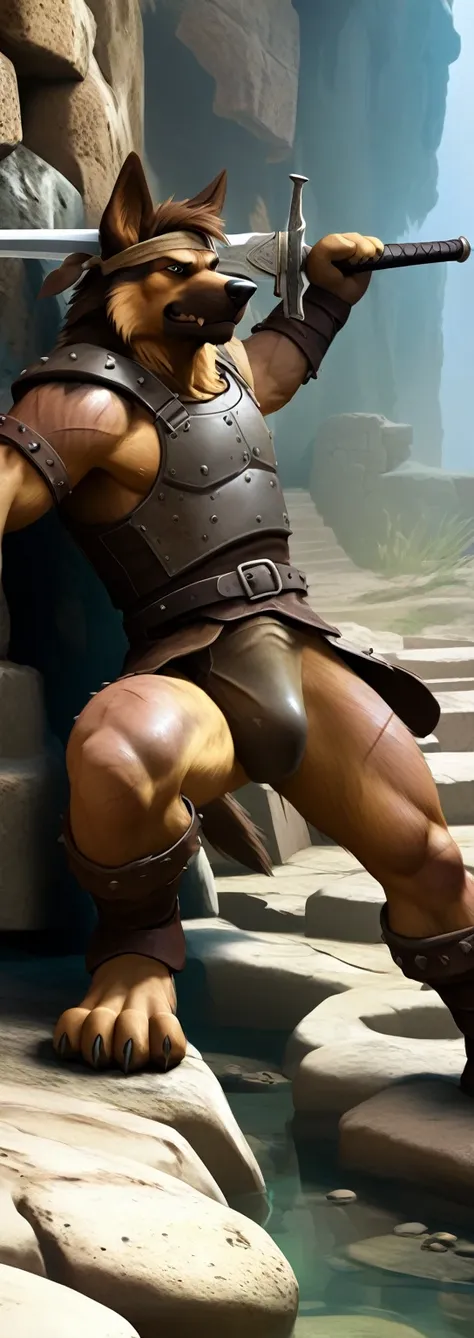 Solo Sexy anthro furry german shepherd male; ancient Mediterranean desert warrior; slim mesomorph handsome model apperance; boys messy short hair headband; sexy toned muscules; sword scars;  worn out brown studded leather rusty sexy skimpy armament. He has...