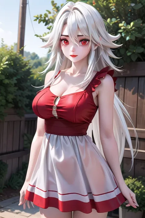 1girl, masterpiece, best quality, red eyes visible through hair, model shoot, white hair, maintain hairstyle, wearing her original dress, standing outdoors, cowboy shot