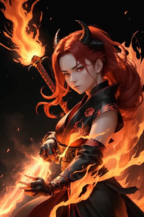 Masterpiece, top quality, 8k, super detailed,anime portrait, Cool 15 year old male, upper body, with demon horns on either side. The horns are black with a flame-like red tip. His hair is long and is a gradation of red and orange like flames, and the tips ...