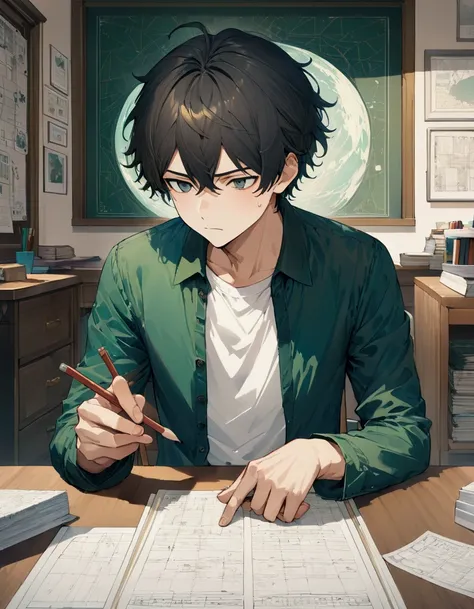 A 19-year-old man taking a paper test,Focus on boys,He is a quiet, smart and cool guy..,A man is sitting in a chair in front of a desk with a paper test on it。.,There are pencils and erasers on the desk..,He is working on a paper test with a serious expres...