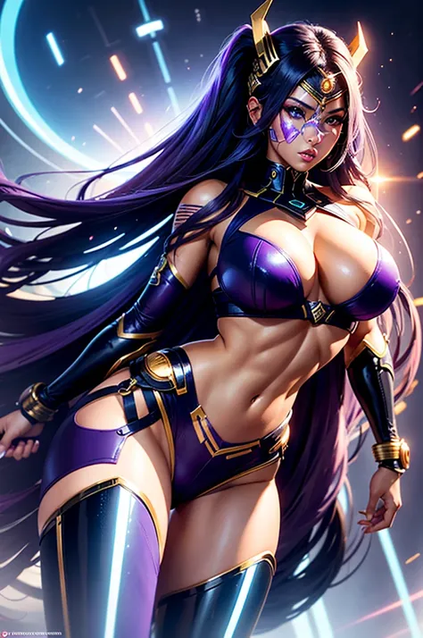 A perfect sexy and beautiful, exuberant and very young cybernetic android warrior with black African and oriental features, Japanese and Chinese, mixed with the clone of the Greek warrior goddess Athena, with huge super ultra mega giant breasts, Brunetette...