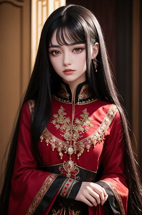 A delicate 18-year-old girl, long black hair, her eyes are red like rubies. Her skin is pale, highlighting the contrast with her dark hair even more. She wears opulent clothes that reflect colors—deep red, black, and shades of silver. Their costumes are of...