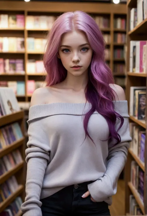 girl, pink hair, long hair, purple eyes, wearing an off-the-shoulder gray sweater and black jeans, at book shop