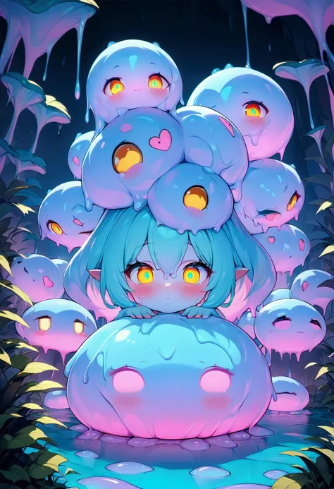 slime girl, slimegirlsupremacy, slimegirlsfw, a slime creature, detailed slimy texture, gooey and viscous appearance, (cute eyes...