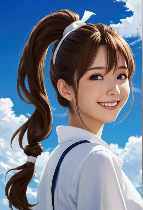 Anime Style、ponytail、White、、blue sky、smile、front