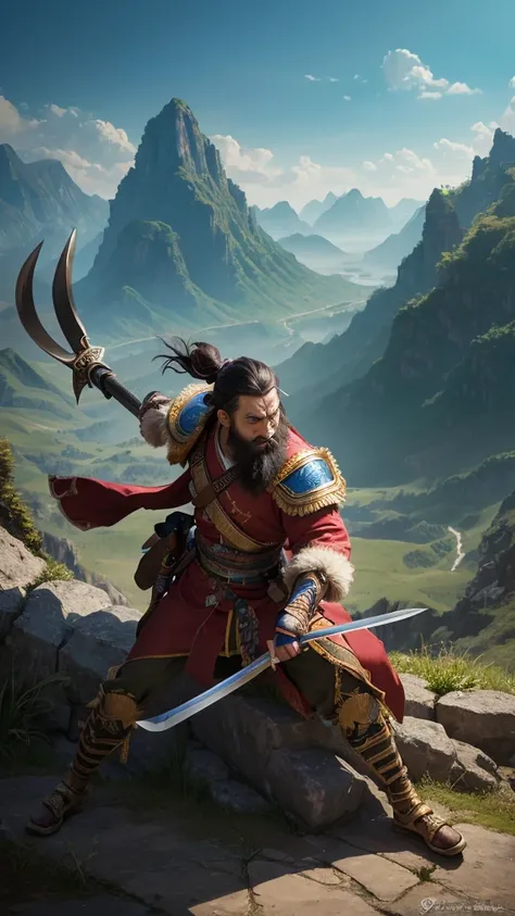 Painting the ancient legendary hero Zhong Kui on a grand landscape painting。Use captivating backgrounds and striking illustration details to create surreal traditional features。Zhong Kui stands on the top of an ancient mountain，Holding a sword，Dressed in g...