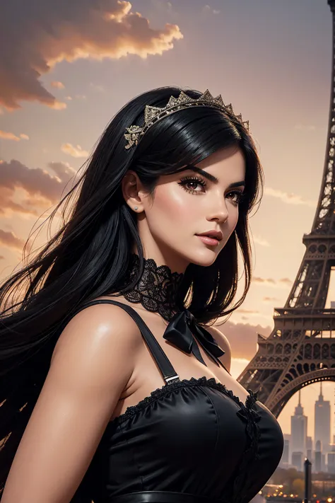 portrait Maite Perroni, wearing french maid costume, against the background of the Eiffel Tower, character portrait, 3 9 9 0 s, long hair, intricate, elegant, highly detailed, digital painting, artstation, concept art, smooth, sharp focus, illustration, ar...