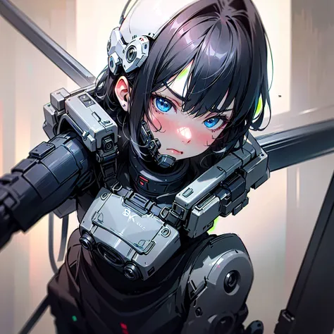 (8k, RAW photo, best quality, masterpiece:1.2), (realistic, photo-realistic:1.4), ultra-detailed,1girl, short black hair, blue eyes, wearing cyber mask, angry face, in the middle of battlefield, dusty, full body, cyberpunk, cyber helmet, mask on, techpunkw...