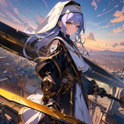 Dawn sky, Machine Angel Nun with a Mechanical Sword, High altitude, Detailed background, Detailed writing, 4k, UHD, Absurd, Ultra Quality, Masterpiece,