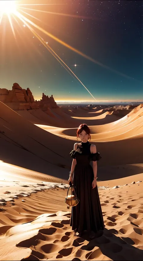 a woman is standing in the desert with a large object, full of glass. society, magical crystals, still frame from a movie, inspired by Louis Mathieu Verdilhan, album art for a trance DJ, the rift, triangle shards, cinematic lens flare, connectedness, [ sha...