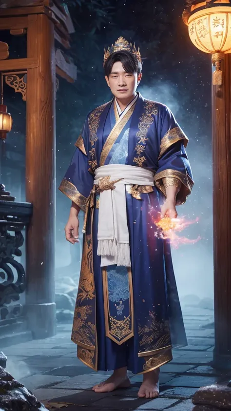 Describe the image of Zhong Kui in Chinese mythology and legends，Creating a hyper-reality、Imaginative images。Zhong Kui standing in the quaint courtyard，Behind it are majestic buildings and gorgeous garden landscapes。He was dressed in a sumptuous robe，Weari...