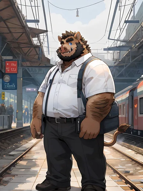 masterpiece, best quality, Perfect anatomical structure, Bright Eyes, Big watery eyes, Provided by RUHU1145, hairy, (Wild Boar), fur(trigger:0.3)，man，Solitary，(Slightly fat），blue eyes，(beard，Mature)，Uncle，White shirt，Black pants，TRAIN STATION，Station scene