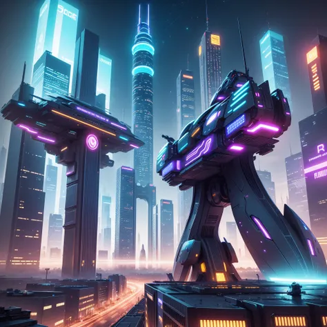 background image, Futuristic city at night with bright signs, tall building, Flying cars and robotic humans, Hyper Real  