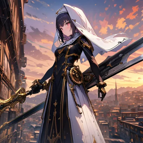 Dawn sky, Machine Angel Nun with a Mechanical Sword, High altitude, Detailed background, Detailed writing, 4k, UHD, Absurd, Ultra Quality, Masterpiece,