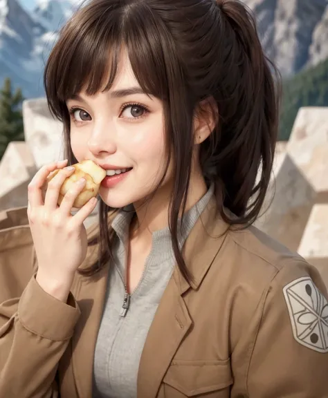 laughing young woman with dark brown hair pulled back and long bangs, with brown eyes. She is eating a potato with her right hand. She is wearing a gray shirt and a light brown jacket. The background should be blurred showing mountains on a cloudy day.