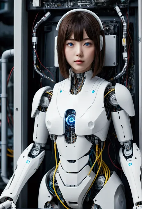 masterpiece, best quality, extremely detailed, 8k portrait,Japaese android girl,Plump ,control panels,android,Droid,Mechanical Hand, Robot arms and legs,Blunt bangs,perfect robot girl,long tube,thick cable connected her neck,android,robot,humanoid,cyborg,j...