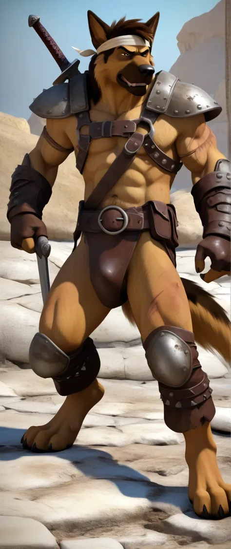 Solo Sexy anthro furry german shepherd male; ancient Mediterranean desert warrior; slim mesomorph handsome model apperance; boys messy short hair headband; sexy toned muscules; sword scars;  worn out brown studded leather rusty sexy skimpy armament. He has...