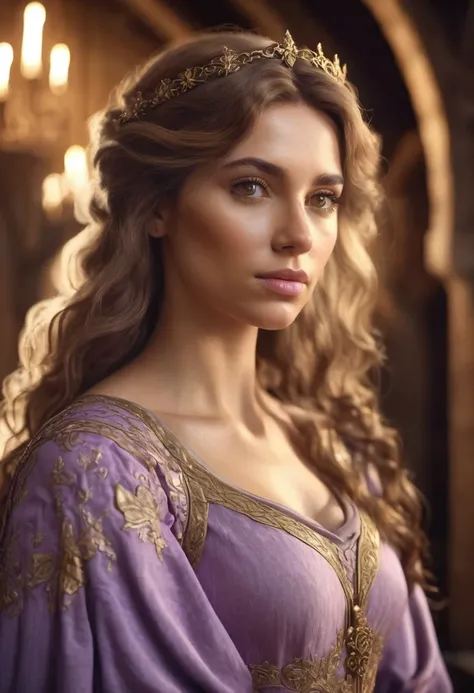 1 woman, inside a medieval room, wearing a lilac medieval dress, detailed facial features, feminine light brown eyes, detailed caramel skin, long curly golden brown hair, dramatic lighting, cinematic composition, warm palette, warm colors, atmospheric haze...