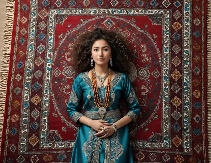 A full-body shot from a creative bird’s-eye view of a Turkic woman with curly hair, wearing a platinum chain and pendant with a traditional dress. She is laying on a bed of colorful, hand-woven rugs that form a rich tapestry pattern around her. The intrica...