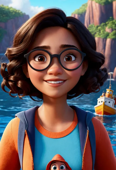 Imagem estilo pixar com personagem 3D óculos brancos morena mulher cabelo curto cacheado dançando, Disney makeup,fisherman, cute, smiling ,close up, pixar, Disney, Cinema lighting,