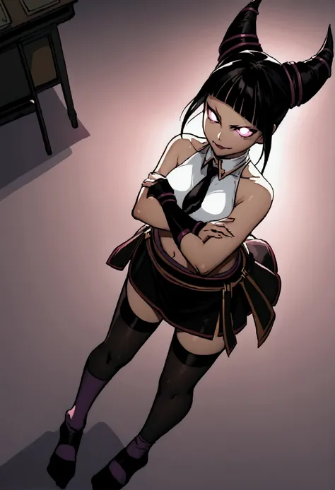 Juri Han, Artwork, fitted white secretary shirt with black tie, black mini skirt, skirt short,sock, Bblack hair, blackstockings,Evil smile,desk,bangs on the eyes,Lighting,horn of hair,from above view,staring overhead,crossed arms
