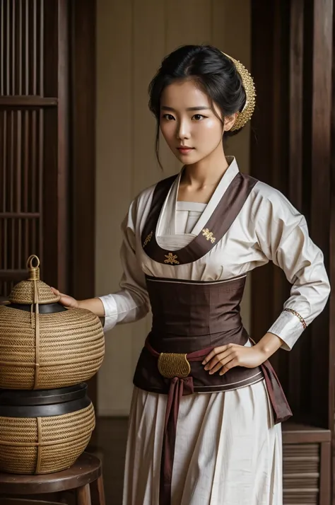 Create a very beautiful woman wearing an old Korean slave outfit.