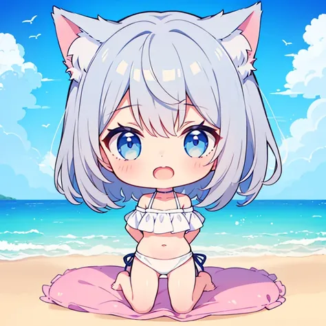 (Resort Beach), ((One girl)), cute, (Chibi Character), (Put your hands behind your back:1.3), (happy:1.3), (Open your mouth:1.3), (Cat ear), ((Gray Hair)), Bobcut, Blue Eyes, (Off-the-shoulder bikini), (White Bikini), barefoot, sun, Daytime, Outdoor, Full ...