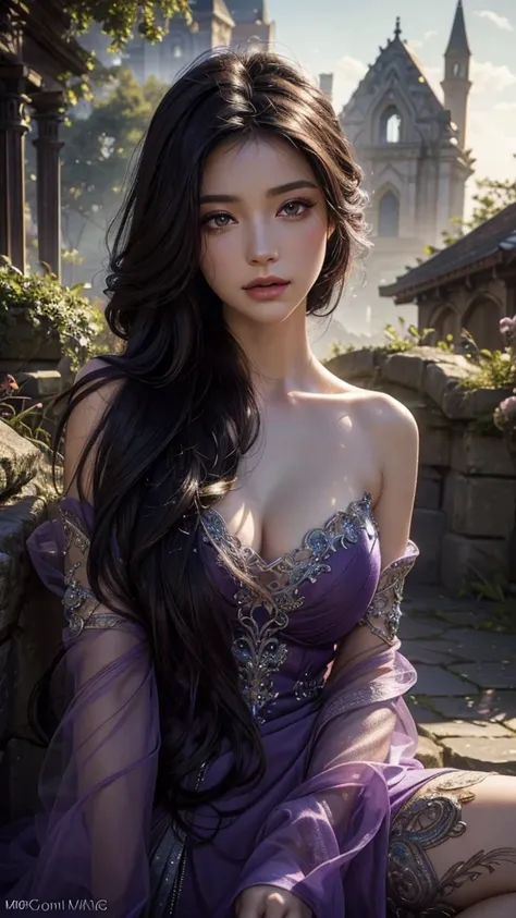 a woman with long flowing purple-tipped black hair, beautiful detailed eyes, beautiful detailed lips, extremely detailed eyes and face, long eyelashes, elegant flowing dress, serene expression, natural lighting, fantasy landscape, glowing purple highlights...