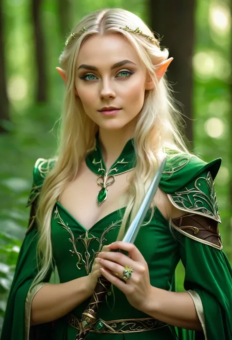 woman in a green dress with a sword in her hands in the forest, воинственная поза elven princess воинов, like a medieval fantasy character, alluring elven princess knight, blonde emerald warrior, elven princess, very beautiful elven top model, beautiful el...