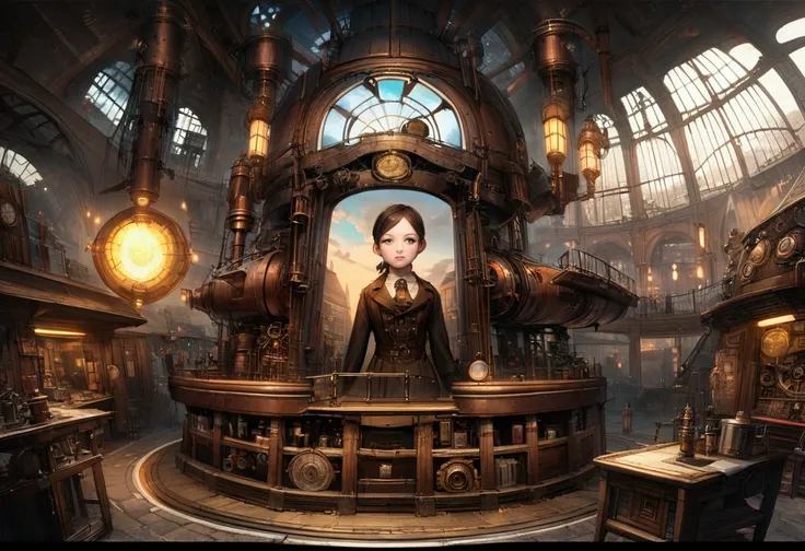 13-year-old girl, Half-body photo, Detailed European Faces, (A look of admiration), Steampunk Style, Steampunk city background, Super detailed photos, Light, Art Station, 4K, Clear focus, High resolution, 