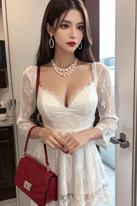 1girl, solo, long_hair, breasts, looking_at_viewer, brown_hair, black_hair, dress, long_sleeves, brown_eyes, holding, medium_breasts, jewelry, closed_mouth, standing, earrings, small_breasts, indoors, bag, necklace, white_dress, nail_polish, lips, fingerna...