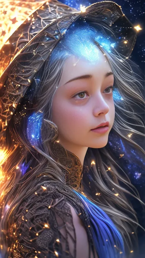 a beautiful detailed witch in wizard hat praying,long flowing dress,side view,musical notes,blue,beautifully detailed sky with stars and shooting stars,wind,crying,water splash,kawaii,(best quality,4k,8k,highres,masterpiece:1.2),ultra-detailed,(realistic,p...