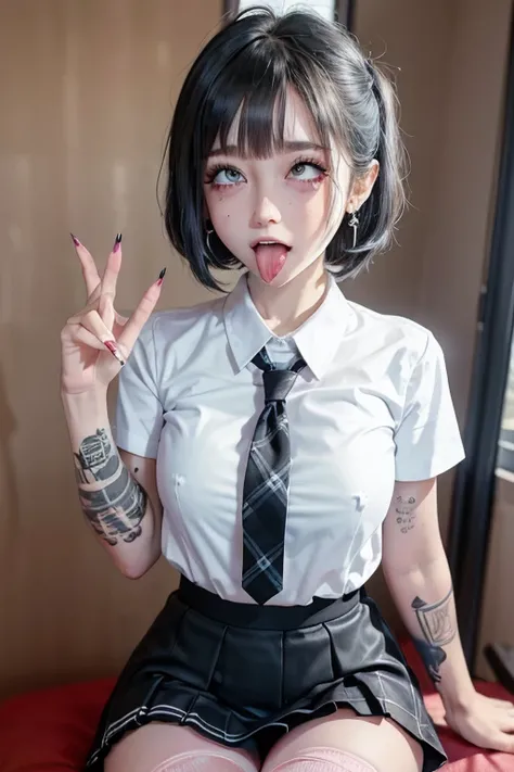 high quality, detailed,very wet,she is 13 years old and junior High school girl wearing very very wet and very transparent short sleeve white shirt and a tie,plaid skirt,(bob hair,bob hair)(wearing black overknee socks),a mole under the eye,(tounge out,tou...