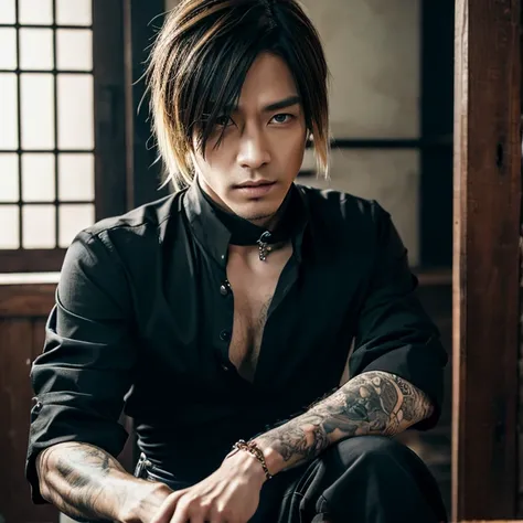 1 man, male, Japanese man, Visual Kai hairstyle, ultra detailed face and body, hyperrealistic, realistic representation, muscular, broad shoulders, tattoos gothic style, Visual Kei style, hairstyle Visual Kei, black and blond, long hair, 40 years old, age ...