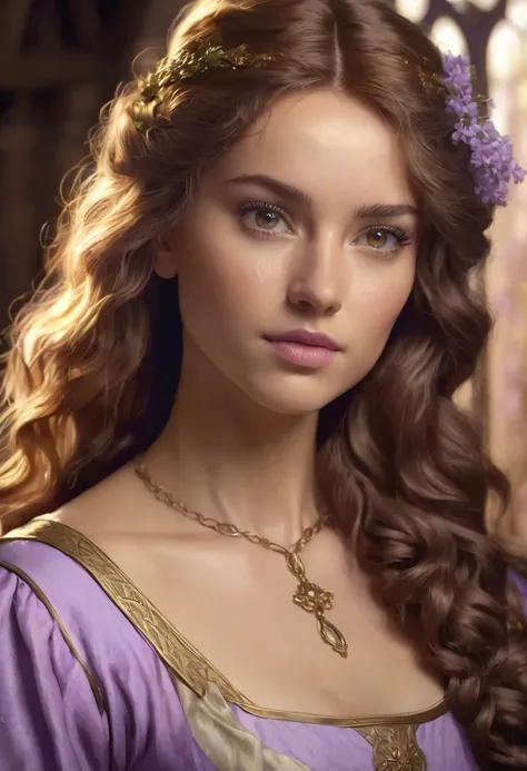 1 woman, inside a medieval room, wearing a simple medieval dress of lilac color, detailed facial features, feminine light brown eyes, detailed Mahogany skin, long curly golden brown hair, dramatic lighting, cinematic composition, warm palette, warm colors,...