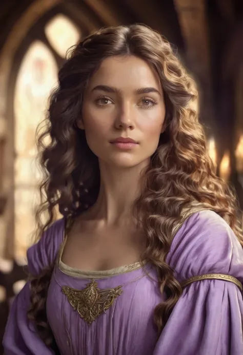 1 woman, inside a medieval room, wearing a simple medieval dress of lilac color, detailed facial features, feminine light brown eyes, detailed Mahogany skin, long curly golden brown hair, dramatic lighting, cinematic composition, warm palette, warm colors,...