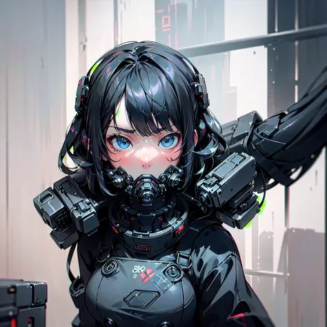 (8k, RAW photo, best quality, masterpiece:1.2), (realistic, photo-realistic:1.4), ultra-detailed,1girl, short black hair, blue eyes, wearing cyber mask, angry face, in the middle of battlefield, dusty, full body, cyberpunk, cyber helmet, mask on, techpunkw...