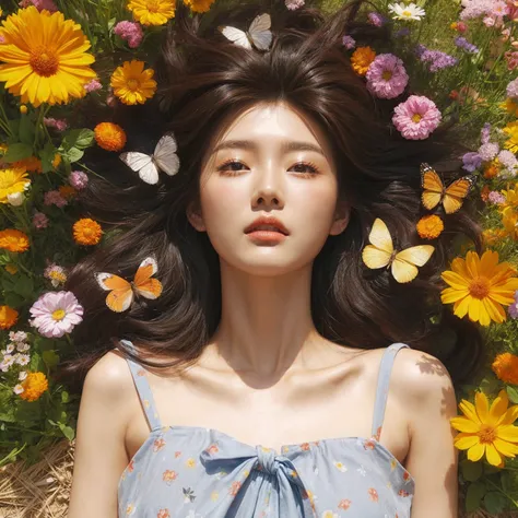 a Korean girl was lying with her eyes open looking at the sky in the middle of a flower garden, bright flowers Surrounded by him. wear a dress down to your feet. messy style hair, around him there were several butterflies flying. cool sunny atmosphere. the...