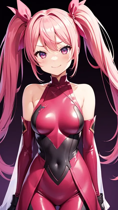 night、Shihodo Narika、Pink Hair、Long twin tails、No sleeve、Shoulder、Super Subaru Flash Ninja Haruka、Black Background、Evil background、Hotel Bedroom、Sensual pink light、A shiny red rubber suit that wraps around the body、tall、Upper Body、Red long gloves、Upper Bod...