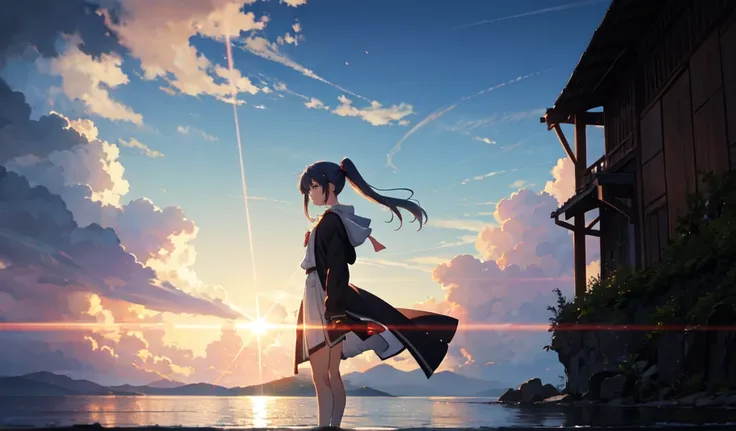 (anime)、(masterpiece:1.2),Atmospheric perspective,Lens flare、nine tailed fox、girl、cute