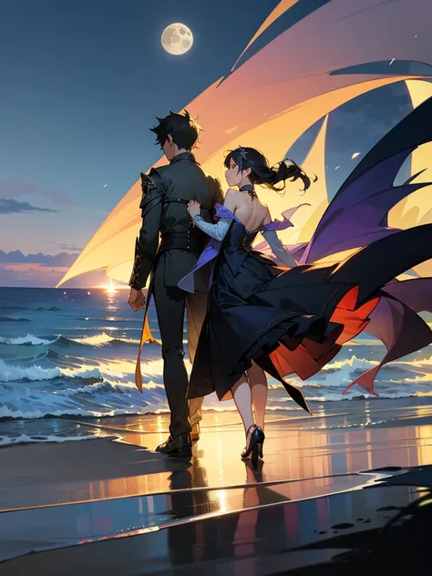 high resolution、High quality、Romantic and fantastical scene、Night beach and full moon、Male and female  characters holding hands