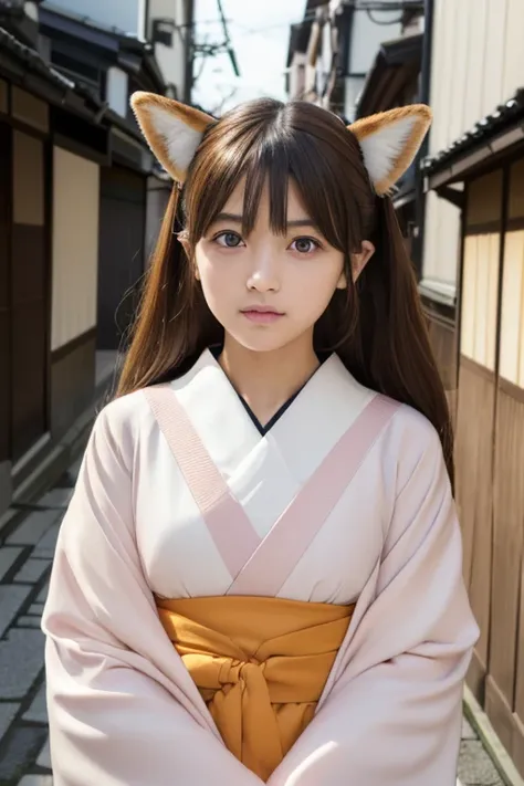 Small fox ears、one girl, (a beauty girl, delicate girl:1.3), (12 years old, change:1.3), break,((Shrine maiden costume)),(Brown fox ears) break, Definition of Very Fine Particles, (Symmetrical eyes:1.3), break, (alley, Kyoto:1.3), perfectly trimmed fingers...