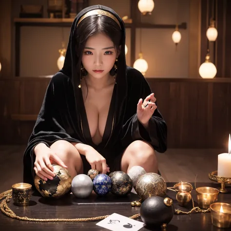 Beautiful woman wearing a black robe on her head、Round crystal、fortune teller