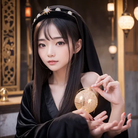 Beautiful woman wearing a black robe on her head、Round crystal、fortune teller