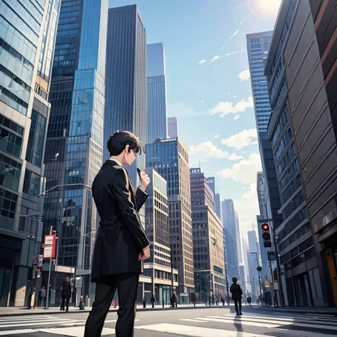 A man in black clothes is looking for his destination while looking at a map on his smartphone in the city. From a perspective of looking up at the sky、Draw a person walking while looking up at a building.