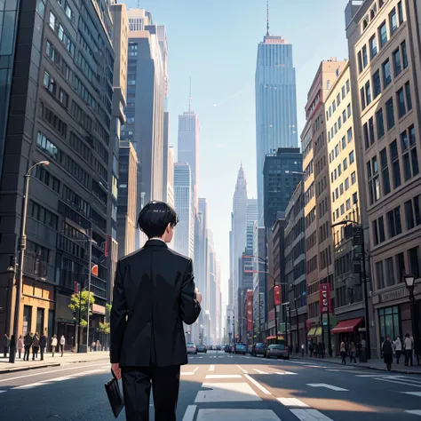 A man in black clothes is looking for his destination while looking at a map on his smartphone in the city. From a perspective of looking up at the sky、Draw a person walking while looking up at a building.