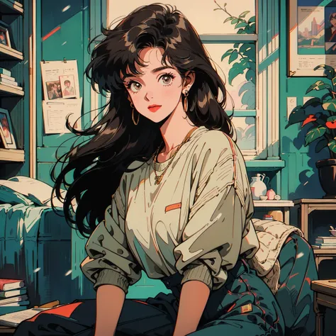 Best image quality, 1980s-style animation,  Black Hair, Long Hair, Light brown eyes, Snow-white skin,  Wear a loose sweatshirt, Antique room,  whole body , Sit on a chair , Pause, A big smile, Very beautiful,cute, whole body 、Listening to a record