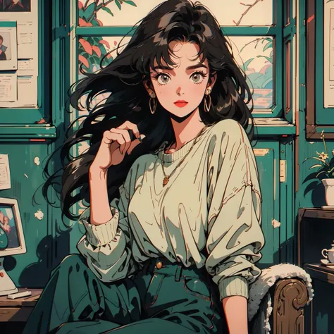 Best image quality, 1980s-style animation,  Black Hair, Long Hair, Light brown eyes, Snow-white skin,  Wear a loose sweatshirt, Antique room,  whole body , Sit on a chair , Pause, A big smile, Very beautiful,cute, whole body 、Listening to a record