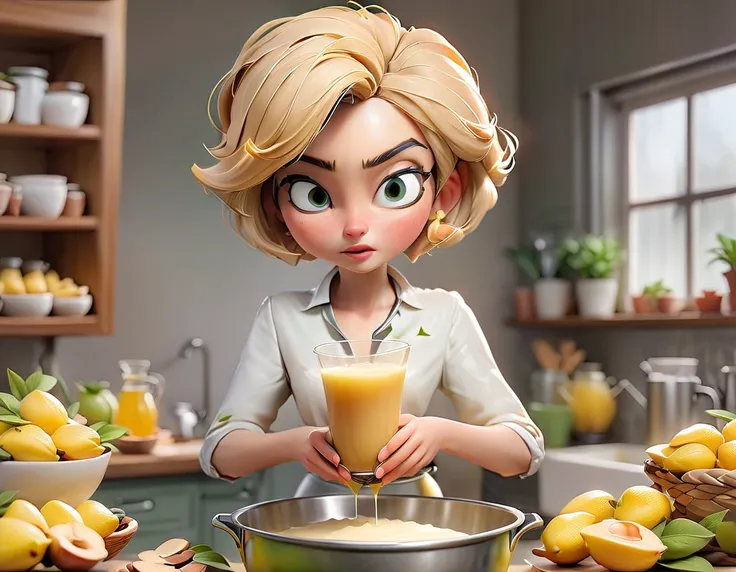 Woman with short blonde hair making almond juice