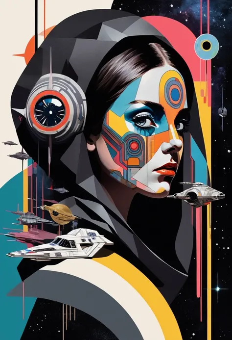 star wars themed, Surreal and strange dislocation art：Collage，There are many different things on the faces，spaceship， dark colors, Geometric Dislocation，Collage,Hollow，Artistic sense，Painting，paint，Simple, jedi light saber